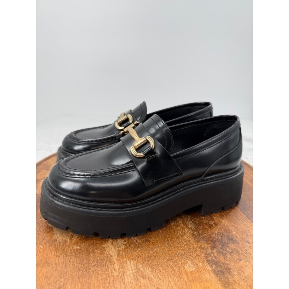 Steve Madden Shoes Wm 7.5 Black Leather Platform Horsebit Loafers Chunky Lug